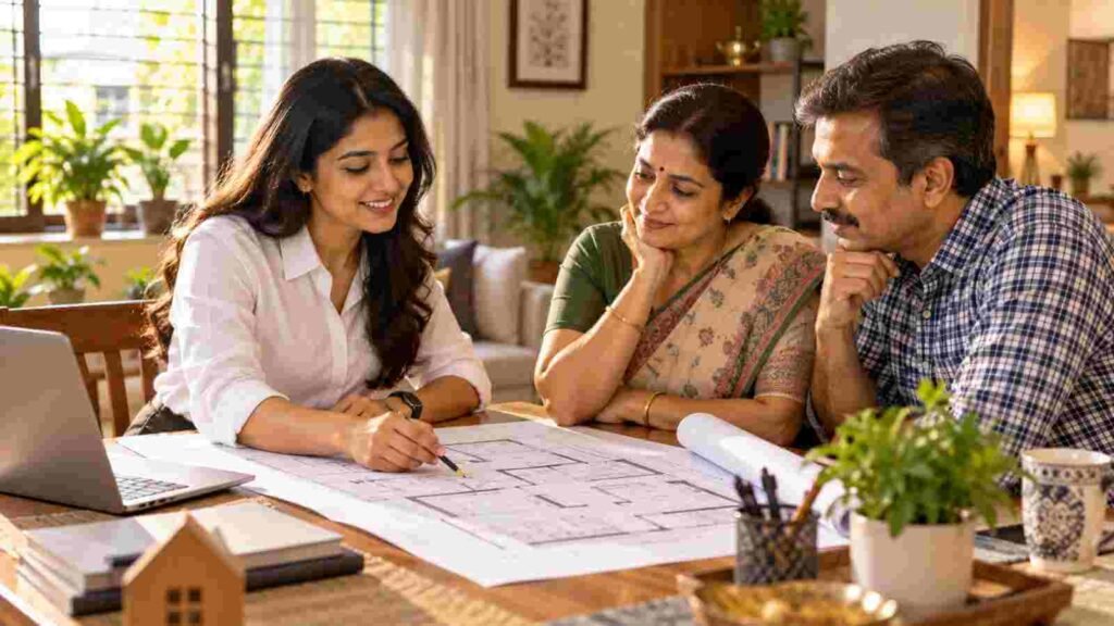 An Indian architect explaining a floor plan to a middle-aged couple at their dining table