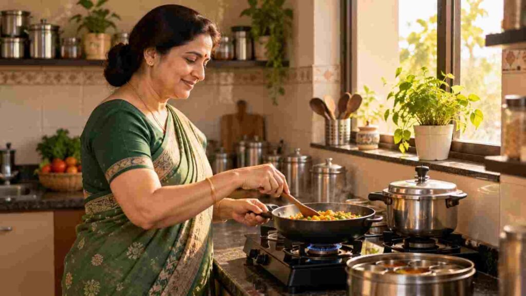 An Indian woman cooking at a gas stove facing a sunlit kitchen window in the morning
