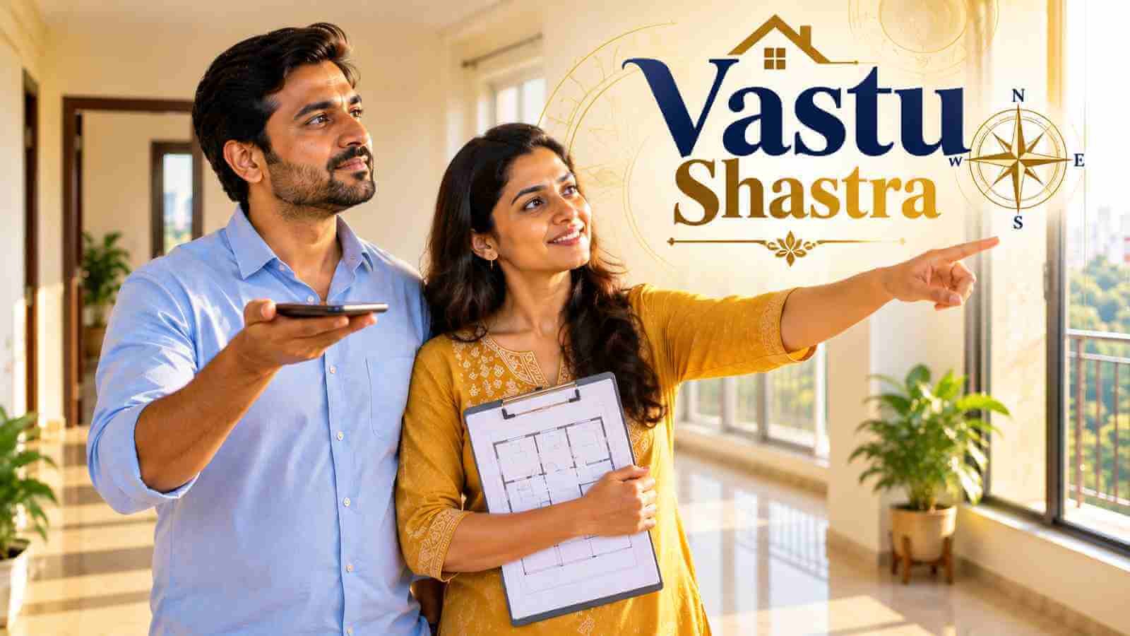 A young Indian couple checking directions with a phone compass in their new flat