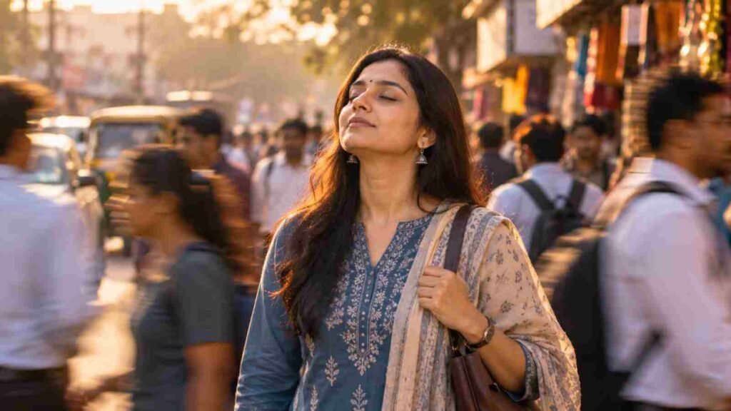 An Indian woman standing still on a busy street, taking a breath