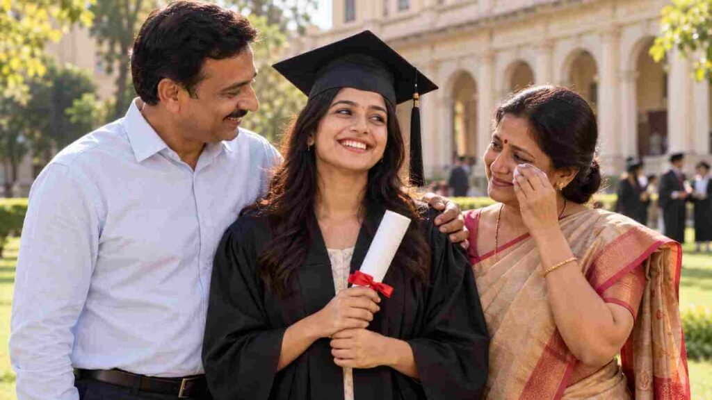 A young Indian woman in a graduation gown with her proud parents on convocation day