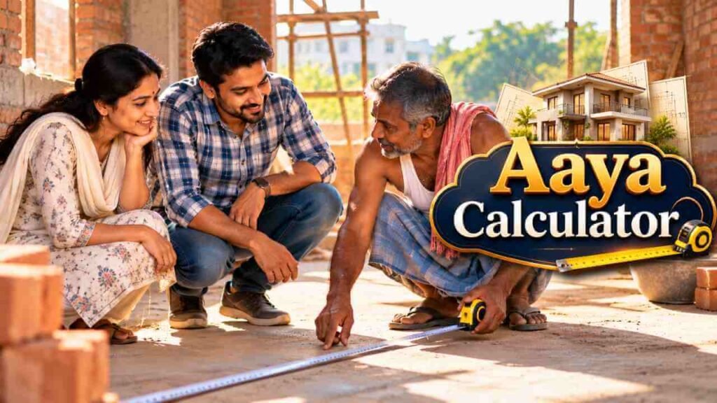 An Indian couple and a mason measuring a room of their house under construction