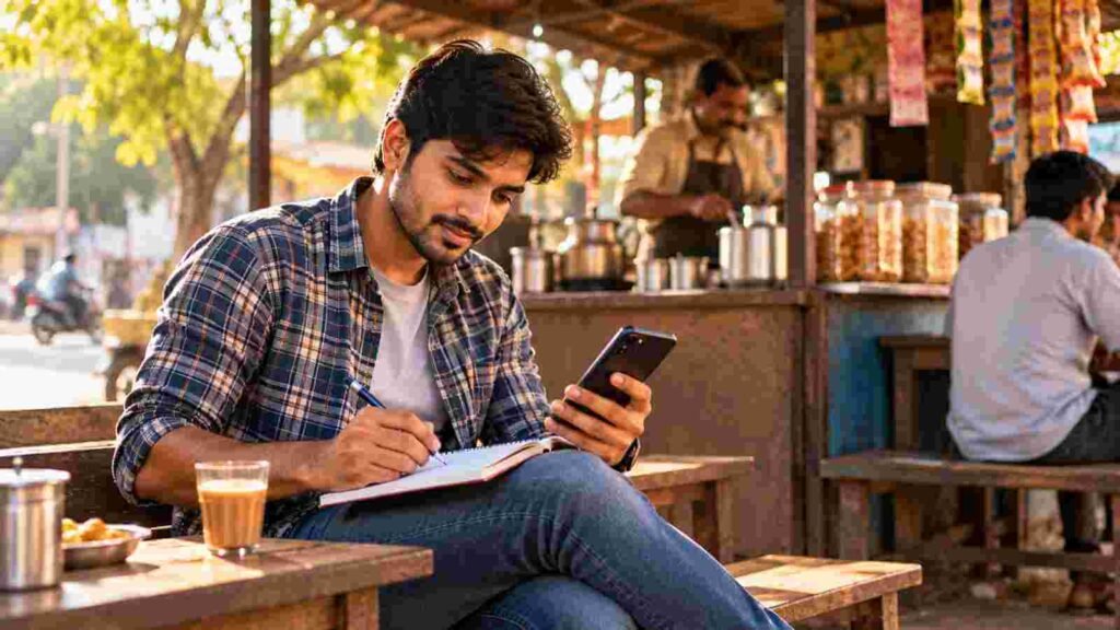 A young Indian man adding up the digits of his phone number in a small notebook at a tea stall