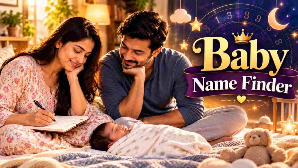 A young Indian couple sitting on their bed beside their sleeping newborn, thinking about names