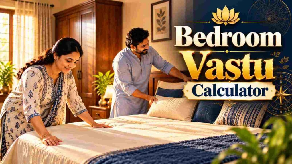 An Indian couple making their bed together in a calm, softly lit bedroom