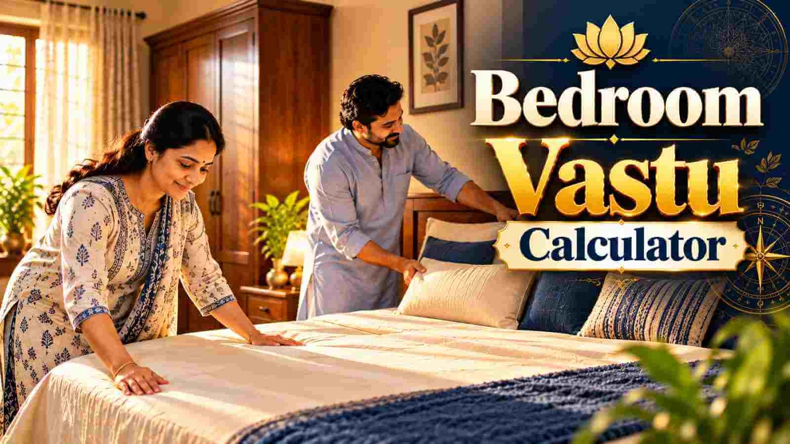 An Indian couple making their bed together in a calm, softly lit bedroom