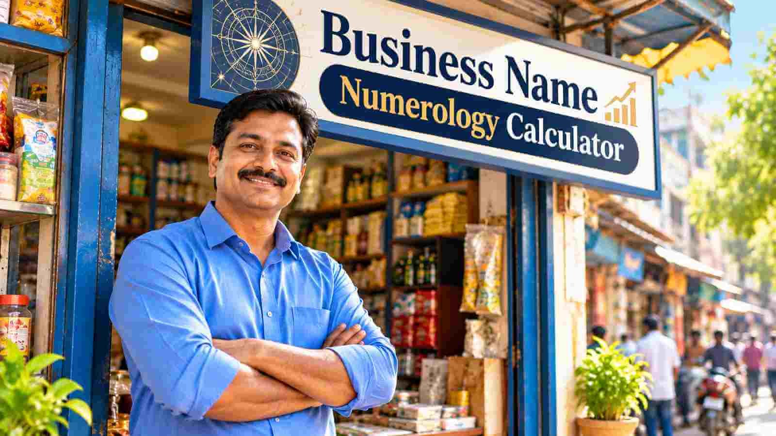 An Indian shop owner standing under his new signboard