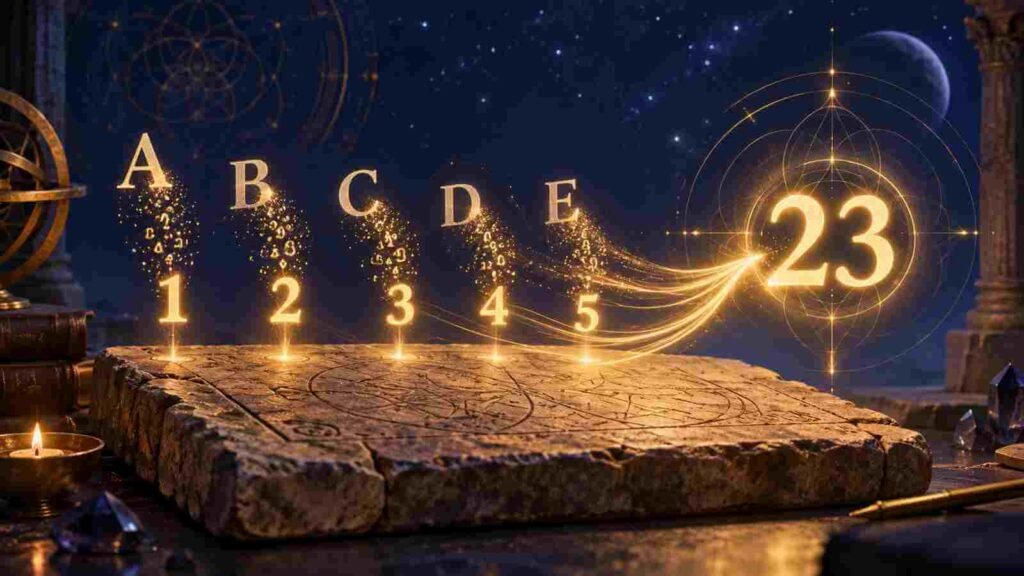 Letters of a name transforming into Chaldean number values on an ancient tablet 