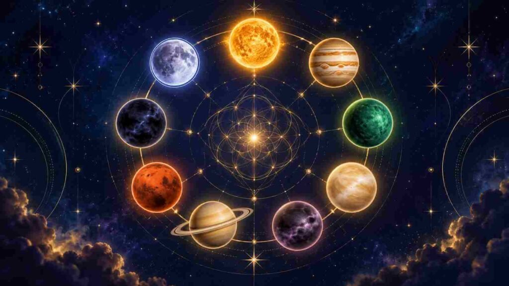 Nine glowing planetary orbs representing the Chaldean single numbers one to nine