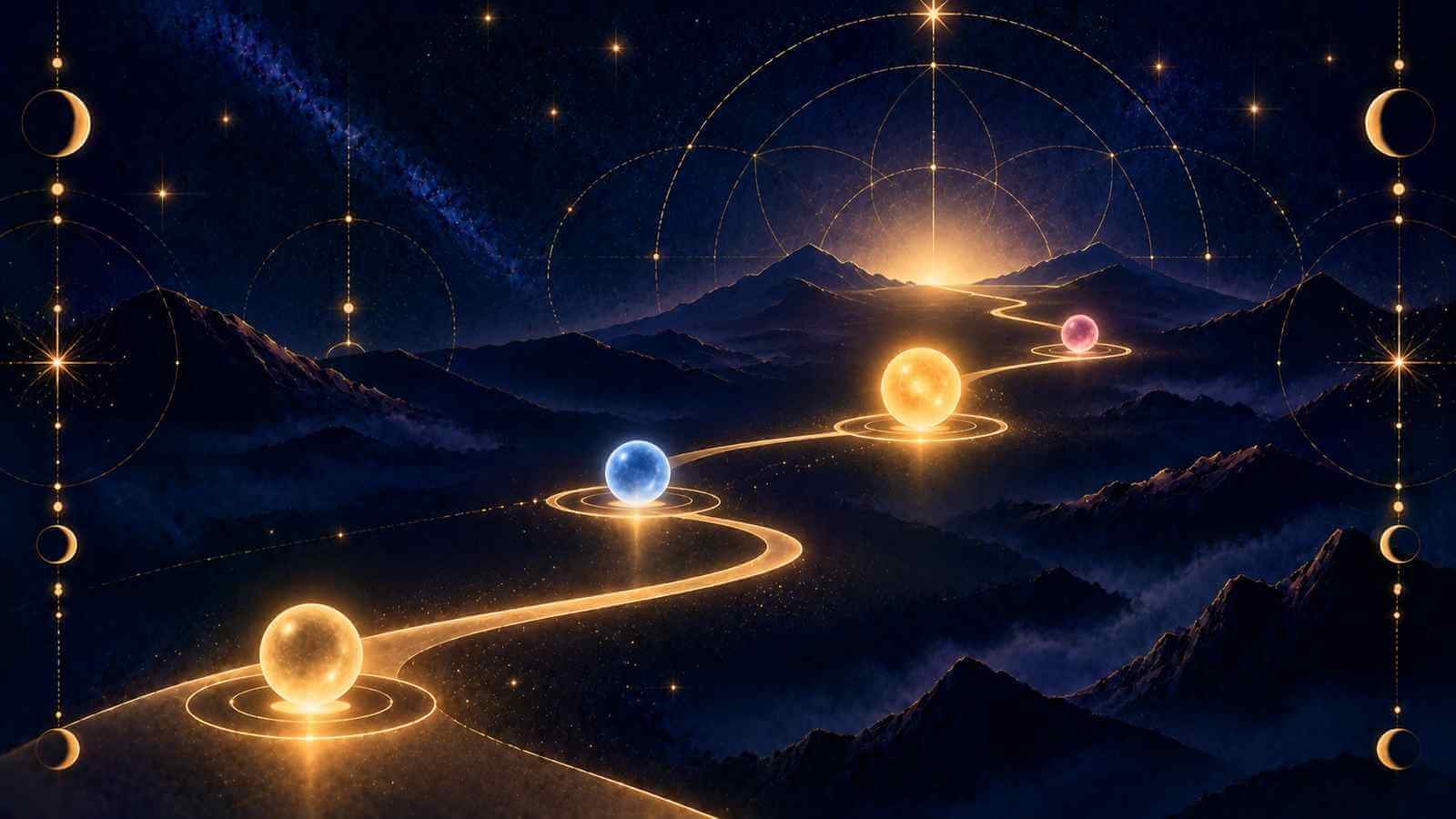 Four glowing markers along a winding path representing life challenge numbers
