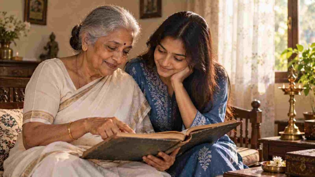 An Indian grandmother showing her granddaughter an old family record book