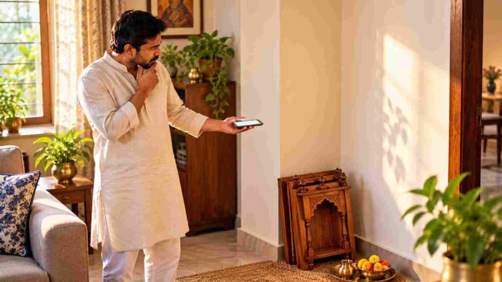 An Indian man holding a phone compass up to a wall to check where a mandir should go