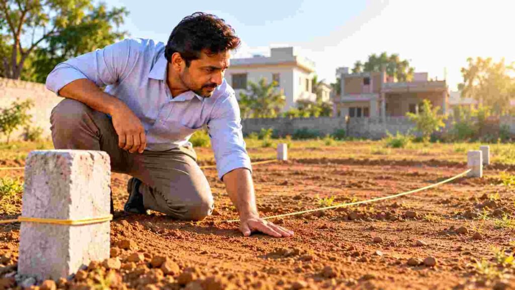 An Indian man crouching at the corner of a plot, checking how the ground slopes