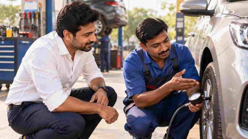 An Indian car owner and a mechanic checking a tyre at a service station
