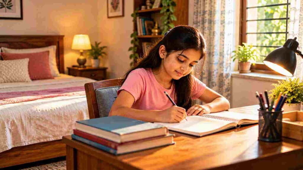 An Indian schoolgirl studying at a desk beside her bed in a bright bedroom