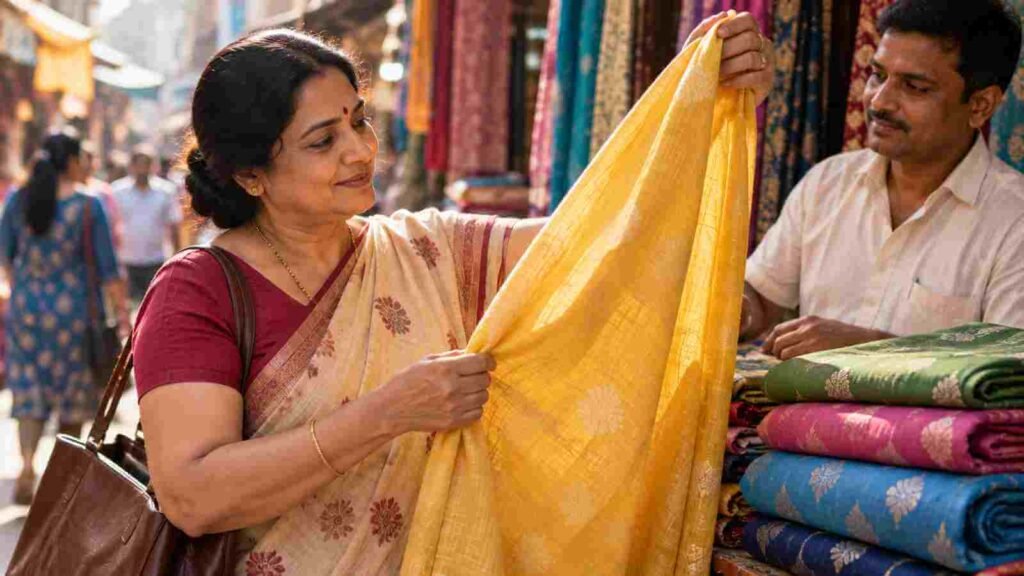 An Indian woman holding up a yellow fabric to the light at a cloth market stall