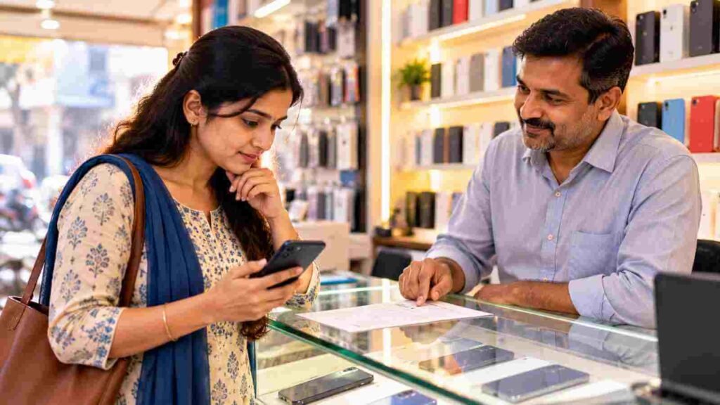 An Indian woman choosing a new SIM number at a mobile shop counter