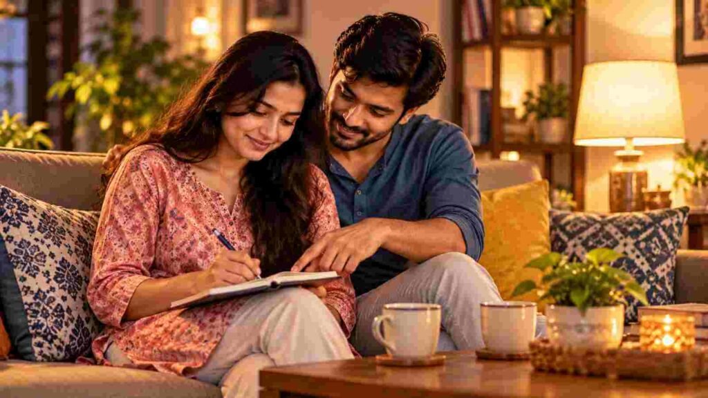 A young Indian couple on a sofa working out their numbers on paper together