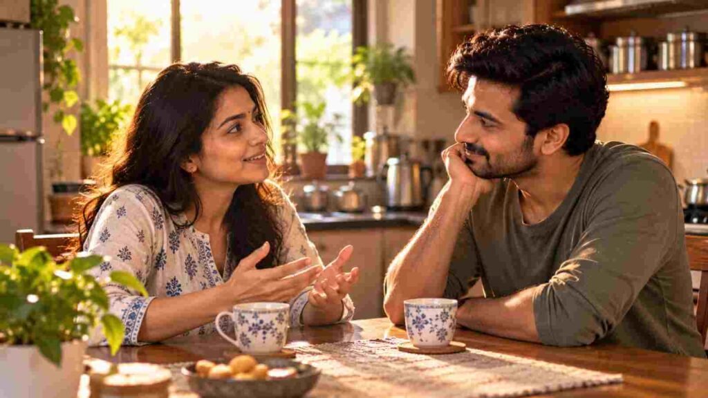 An Indian couple in their thirties having a calm, honest conversation over tea at their kitchen table