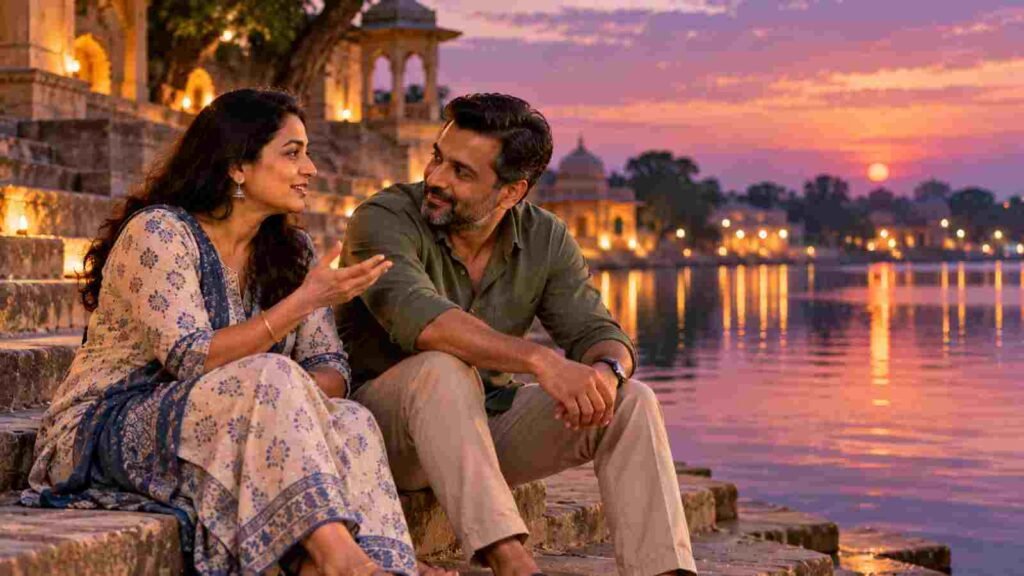 An Indian couple in their forties sitting close together on steps by a lake at dusk, deep in conversation