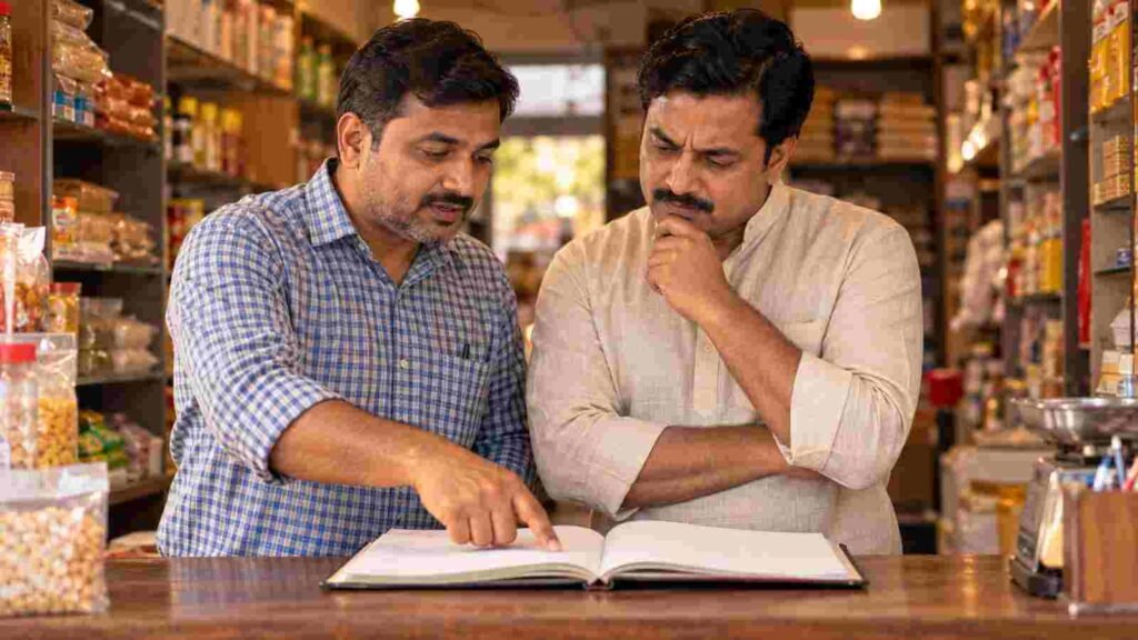 Two Indian business partners reviewing accounts together at a shop counter