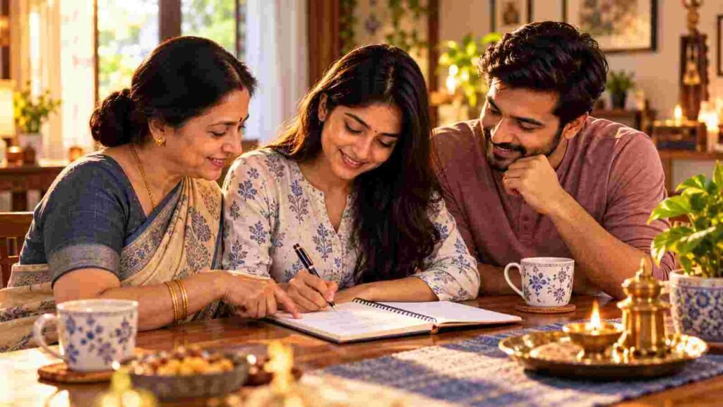 An Indian grandmother and young parents shortlisting baby names together at the dining table