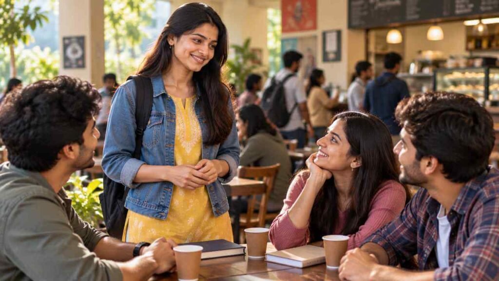 A young Indian woman introducing herself to new classmates in a college canteen 