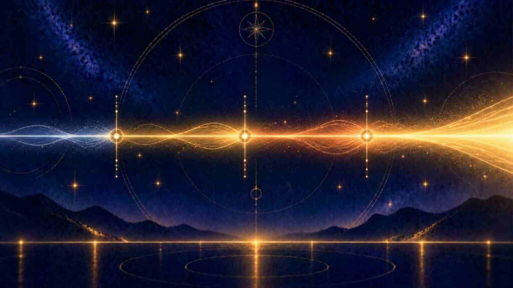 Four segments of a single path of light showing the changing seasons of life