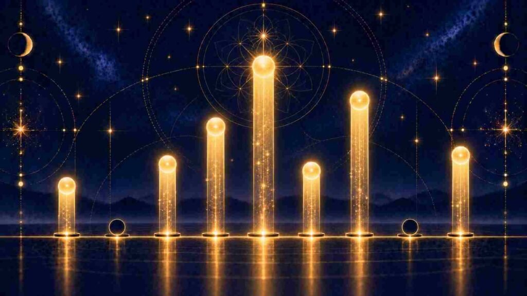 Nine columns of light at different heights showing how often each number appears