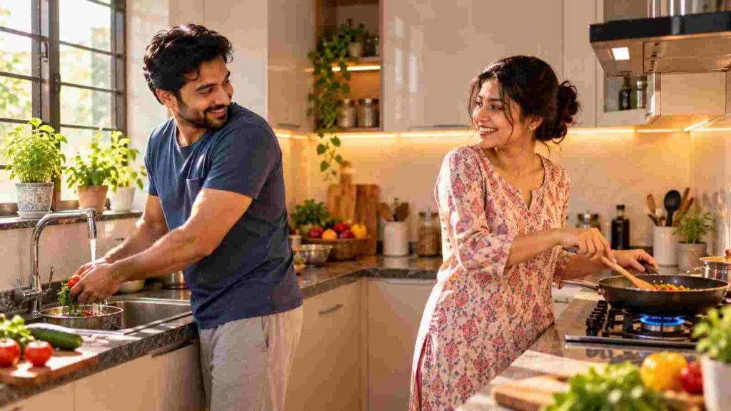 A young Indian couple washing up and cooking at opposite arms of an L-shaped kitchen