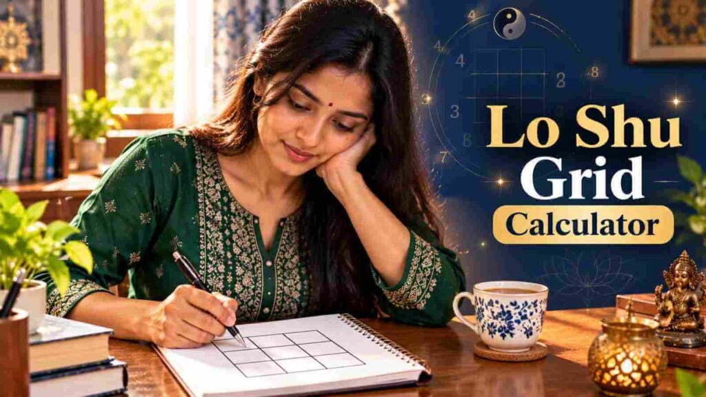 An Indian woman drawing a nine-box grid in a notebook and studying it