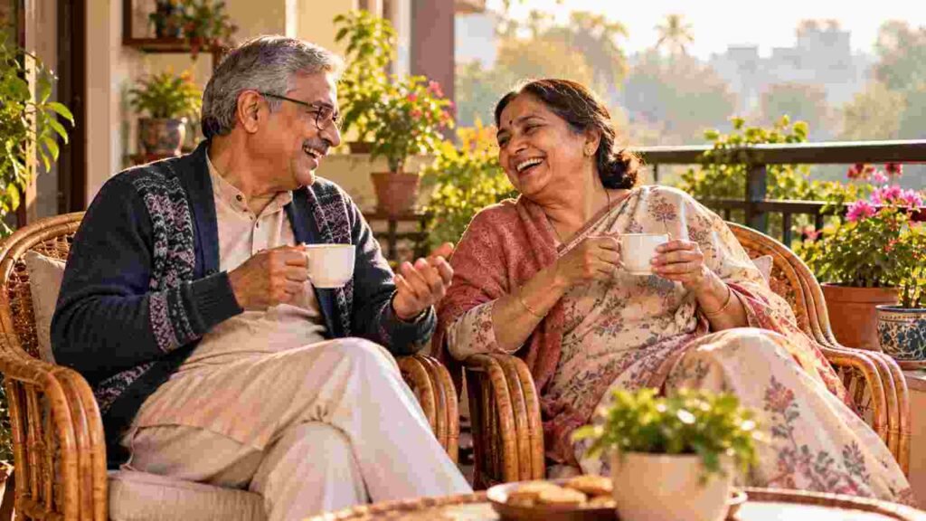 An Indian couple in their sixties laughing together over tea on their balcony 