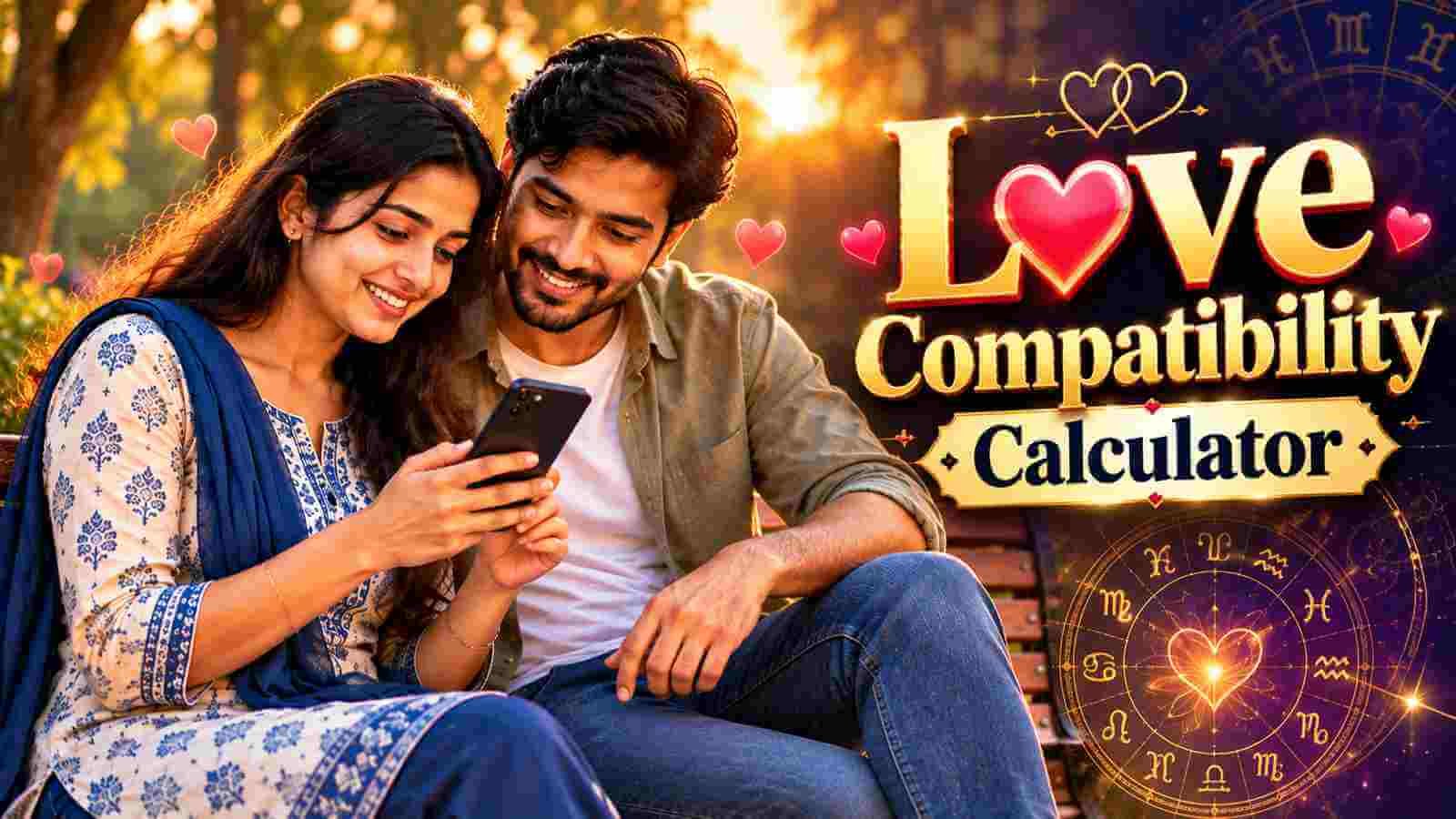 A young Indian couple sitting close on a park bench, smiling as they look at a phone together