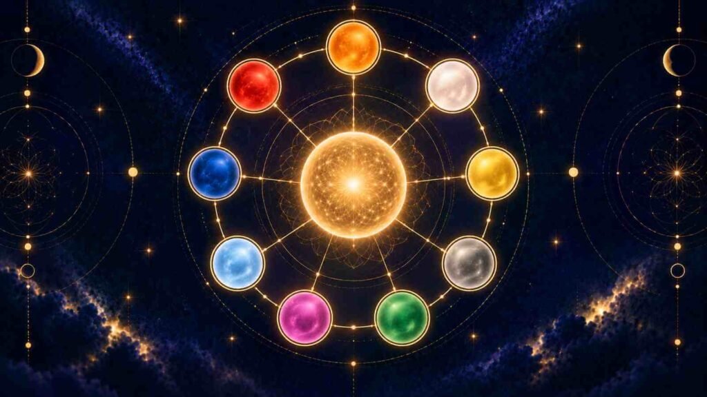 A palette of glowing colour discs arranged around a central numerology number