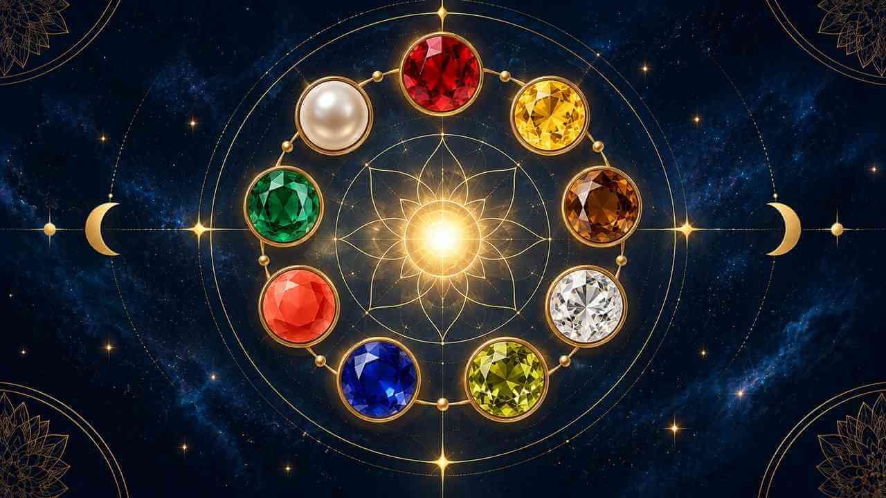Nine traditional gemstones arranged in a circle around a softly glowing centre