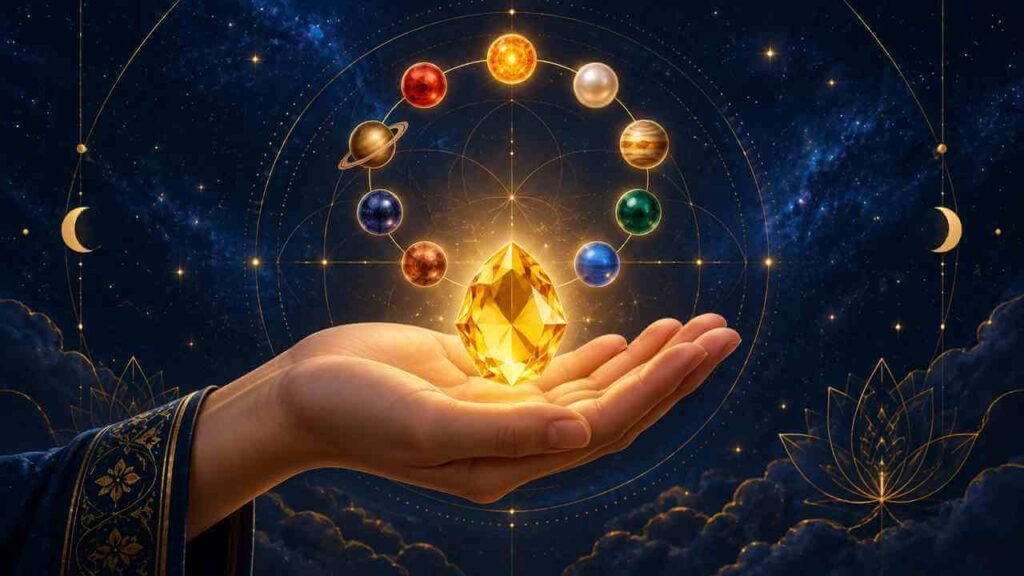 Open hand holding a single yellow gemstone beneath a faint ring of nine planets