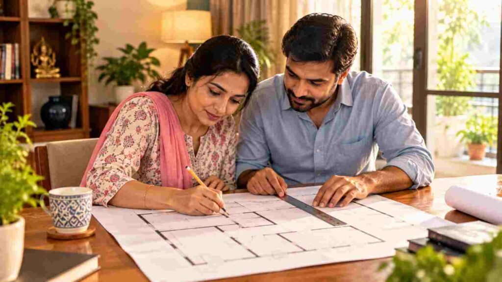 An Indian couple marking the main door position on a house floor plan