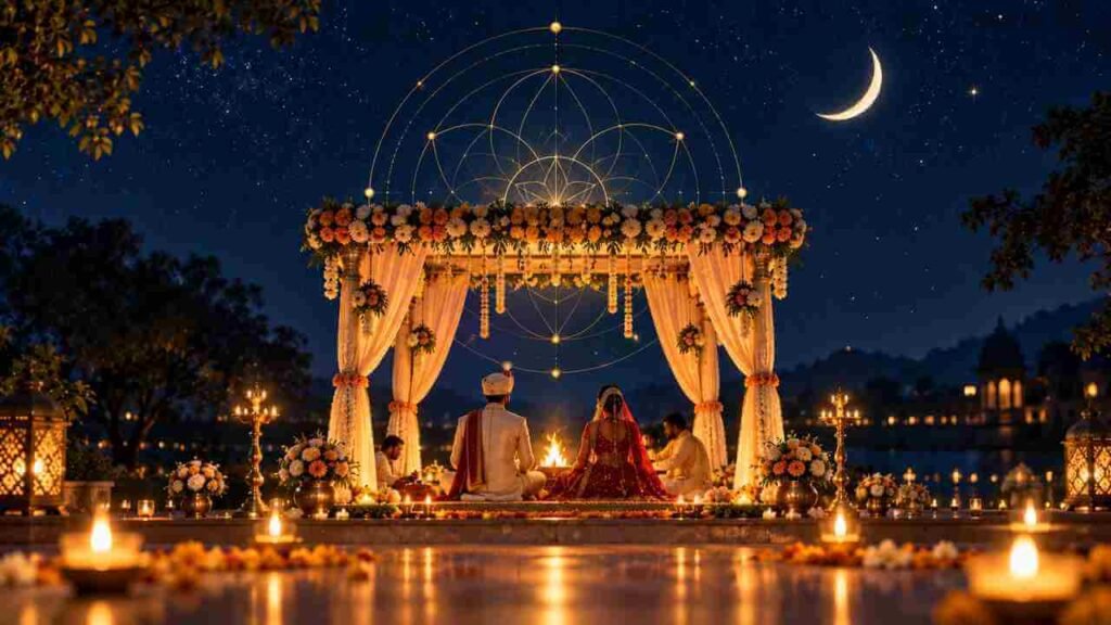 Wedding mandap lit softly under a night sky with a crescent moon