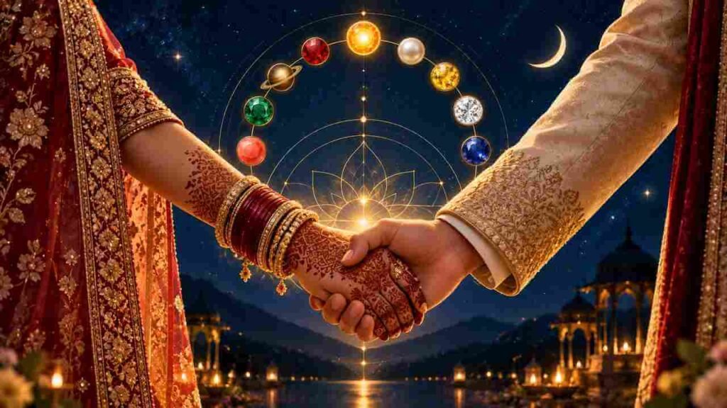 Joined hands with henna patterns beneath a faint arc of nine planets