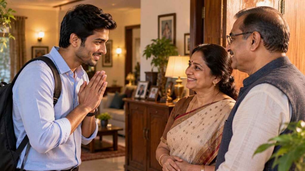 A young Indian man greeting his partner's parents with folded hands at their home