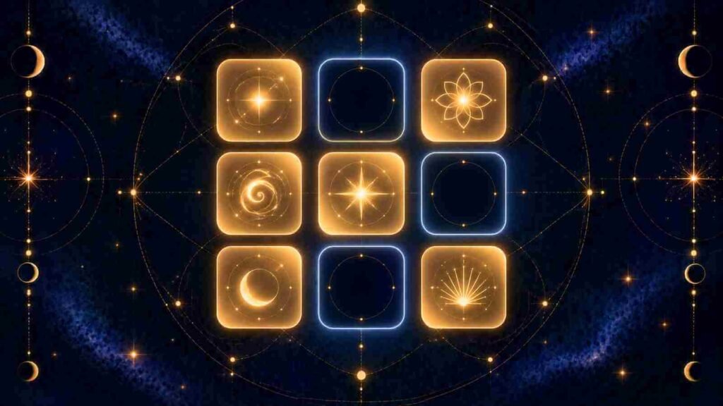 Three dark cells among six glowing ones, showing the numbers missing from a name