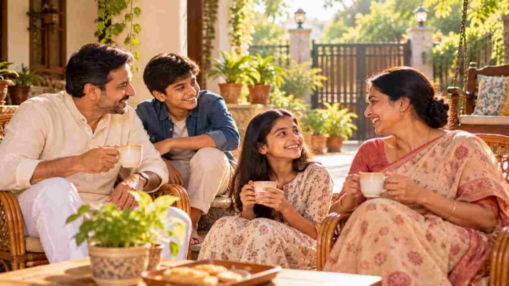 An Indian family having morning tea on the verandah of their home in soft sunlight