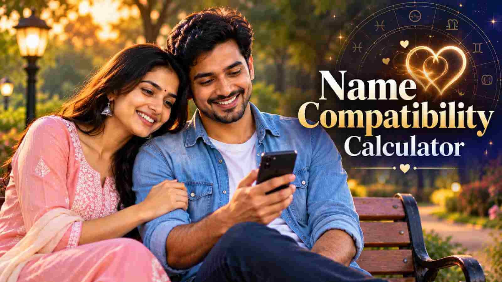 A young Indian couple laughing together over a phone on a park bench