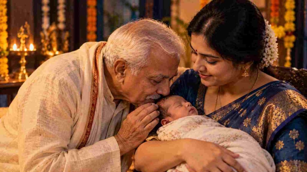 A grandfather whispering the baby's name into the infant's ear at the naming ceremony