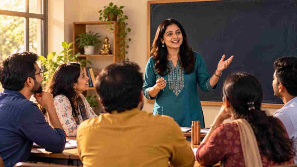 An Indian woman teaching a small class with evident enjoyment 
