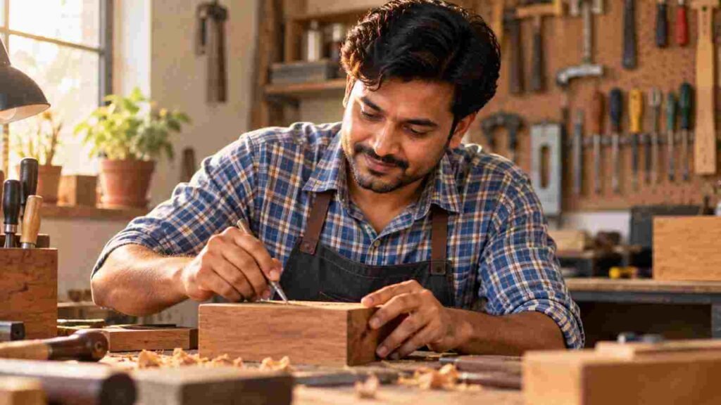 An Indian man absorbed in work he is clearly good at 