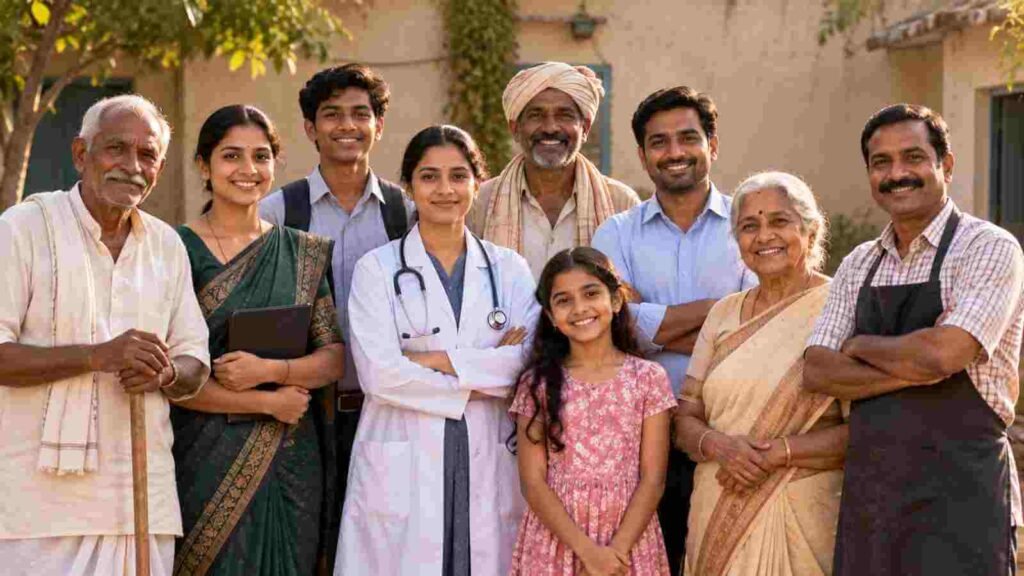Nine different Indian people of varied ages photographed together