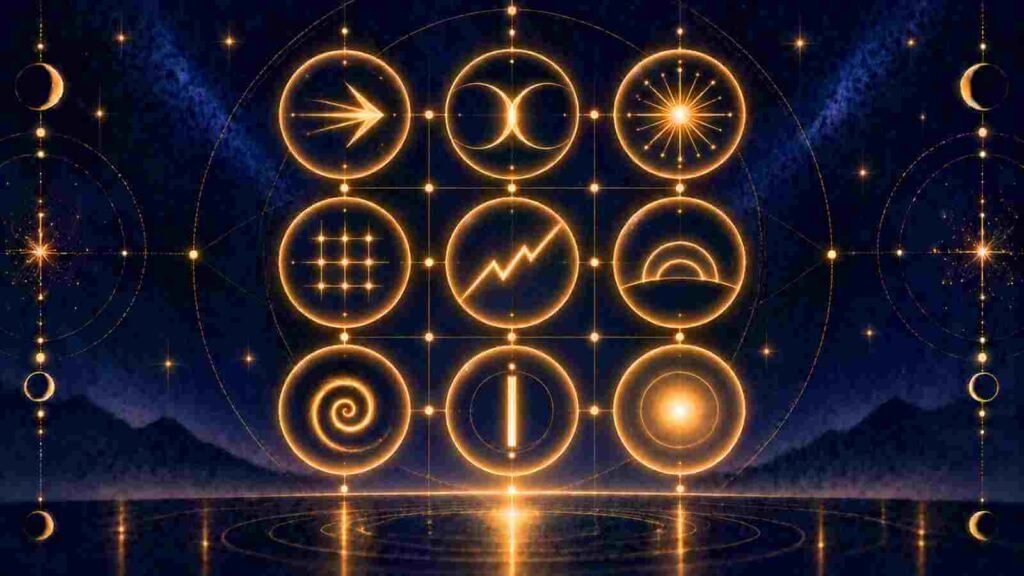 Nine different patterns of light showing nine ways of steadying under pressure