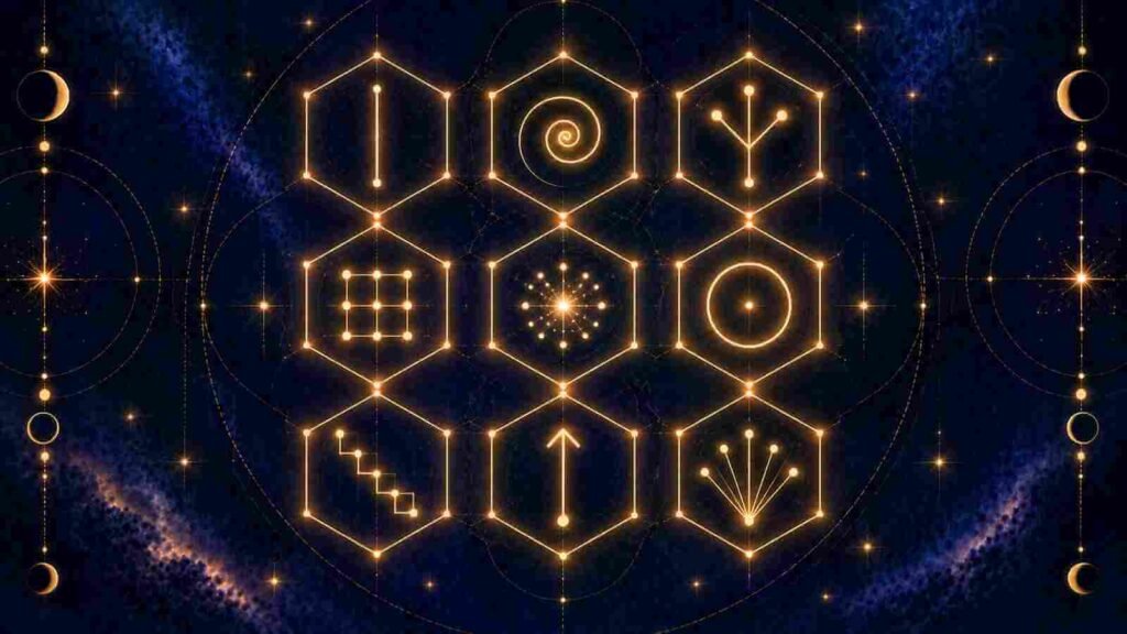 Nine different patterns of light showing nine ways of thinking