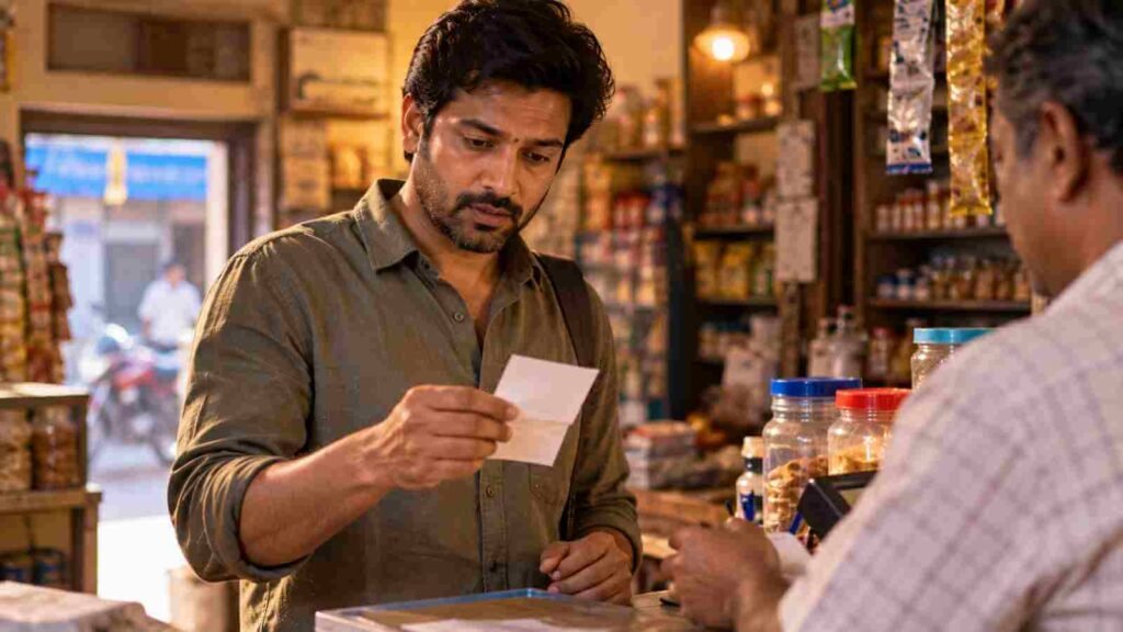 An Indian man pausing at a shop counter as he takes his receipt
